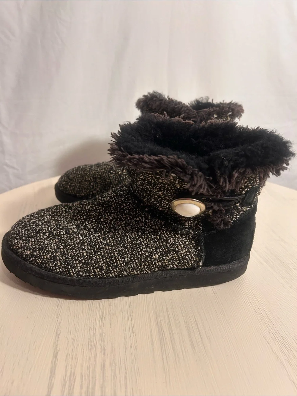 UGG Black Tweed Faux Fur Cuff Ankle Boots with Button Accent